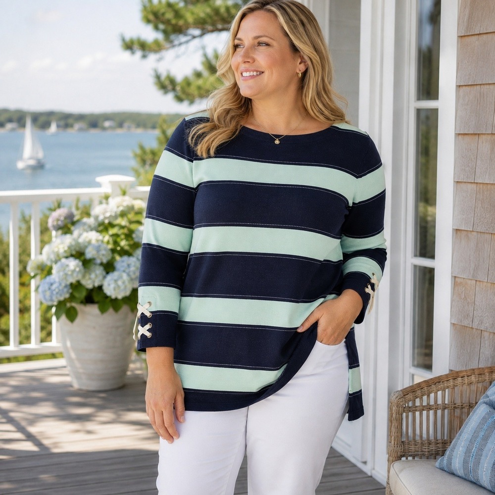 Talbots Striped Tunic Sweater Lace Up Cuff Coastal Preppy Navy Mint Women's L